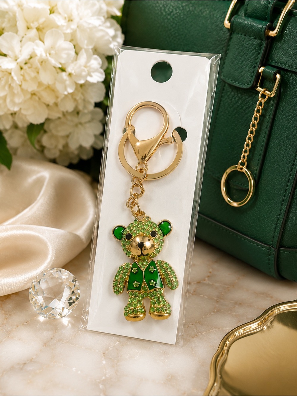 NEW MINT Green Rhinestone Teddy Bear Keychain Bag Charm Gold Tone